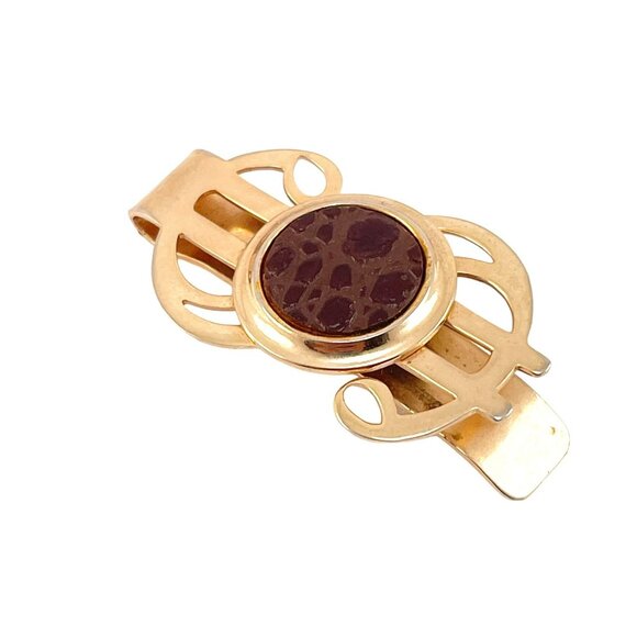 Vintage Gold Tone Tie Clip With Brown Leather Accent - Picture 1 of 5